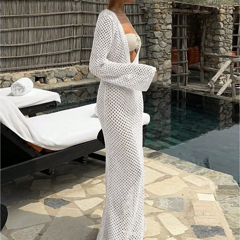White Women's Sexy Hollow Out Long Sleeve Maxi Cruise Cover Up Dress - Picture 2 of 5
